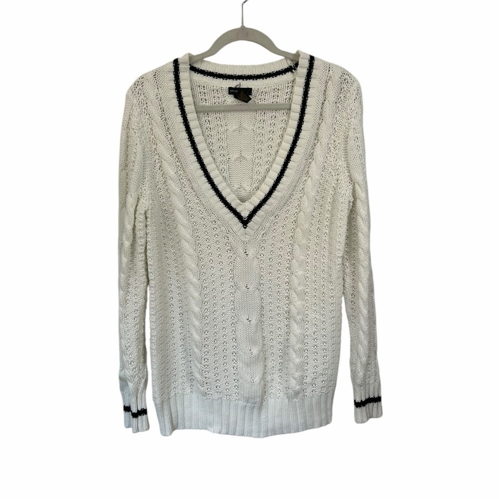 Grace Elements White & Black V-Neck Cable Knit Sweater Swiftie Womens Sz Medium